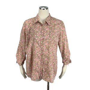 Two Hearts Maternity Large Button Front Blouse Pink Floral 3/4 Sleeves